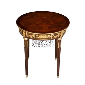 โต๊ะข้างทรงกลมหรูหราพร้อมท็อปวีเนียร์ไม้ลายสวย และตกแต่งด้วยอะลูมิเนียมทองเหลืองลายประณีต สำหรับตกแต่งห้องสไตล์คลาสสิก - Product Image 1