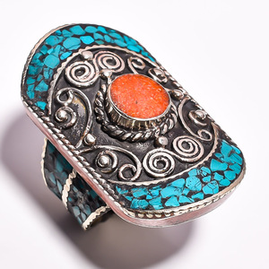 แหวนพลอยปะการังเทอร์ควอยส์เครื่องประดับทำด้วยมือแหวนเงินธิเบตขายส่งจำนวนมาก - Product Image 2