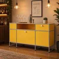 Buffet Modulaire Jaune en Acier avec Cadre Chromé, Meuble de Rangement Bas pour Salon, Console Multimédia