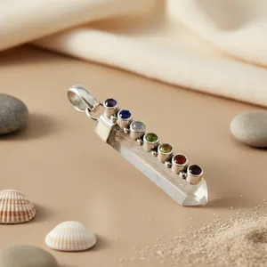Pendentif en argent 925 avec pierre précieuse chakra pour femmes, bijoux de guérison avec diamant taille émeraude, plaqué rhodium, or rose, motif numérique - Product Image 1