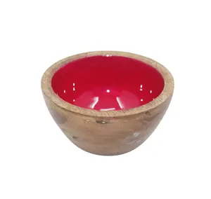 Mango Wood Serving Round Bowl Red Meena Colour salad bowl For Kitchen & Table Top Decoration Wholesale In Bulk
