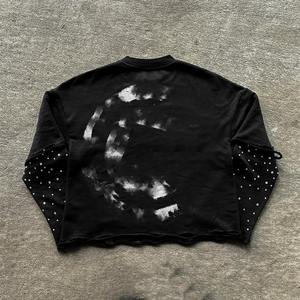 Custom Heavyweight Washed Distressed Patchwork Embroidery Double Layer <b>Long</b> Sleeve T-shirt Cotton Boxy Rhinestone <b>tShirt</b> for Men - Product Image 4