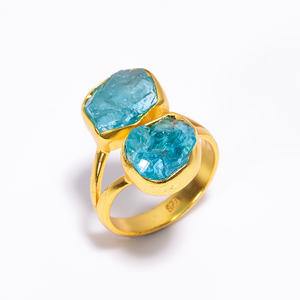 แหวนเงินแท้ชุบทอง925แหวนผู้หญิงสีเขียวธรรมชาติ kyanite พลอยอะความารีนท้องฟ้าอะพาไทต์เครื่องประดับ925 - Product Image 5