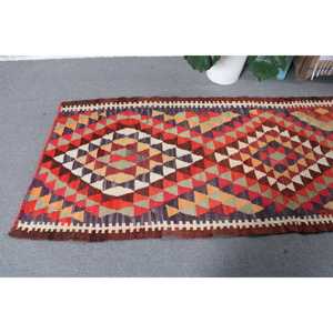 Turkish Vintage <b>Runner</b> Rug 3.1x12.3 ft, <b>Red</b> Brown Floral Wool Rug - Product Image 5