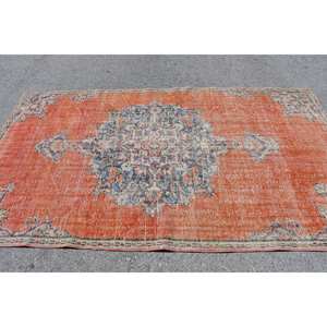 พรมสไตล์ตุรกีแนววินเทจดีไซน์คลาสสิกสีส้มสีฟ้า5.1 x 8.8ft งานเย็บปะวัสดุผ้าขนสัตว์แผ่นรองหลังยาง - Product Image 3