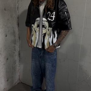 Verano personalizado impreso logotipo desgastado bordado chaquetas manga corta cremallera Faux Pu chaqueta de cuero hombres - Product Image 3