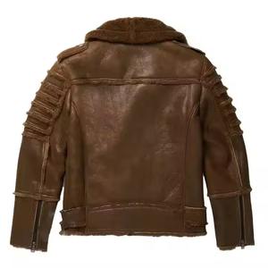 Chaqueta de piel de oveja marrón auténtica para hombre, chaqueta de cuero cálida informal a la moda de estilo único, chaqueta de cuero Punk con cuello - Product Image 6