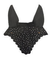 Voile anti-mouches noir en crochet avec détails en sequins argentés, confortable, de haute qualité, avec couvre-oreilles rembourrés doux, bonnet équestre fait main