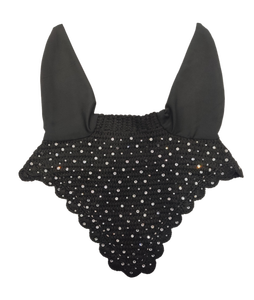 Voile anti-mouches noir en crochet avec détails en sequins argentés, couvre-oreilles confortables de haute qualité, bonnet équestre fait main pour - Product Image 1