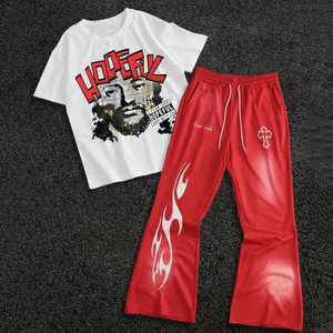 Venta al por mayor Gospel Graphic Co-ord Set con camiseta blanca de algodón y pantalones acampanados de llama roja con cordón personalizado 2PC Streetwear Outfit - Product Image 1
