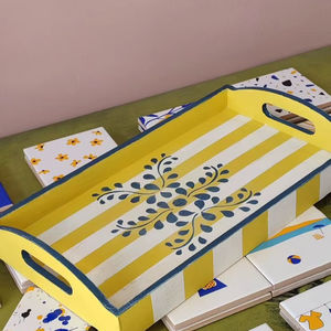 Unique Design Premium Yellow Striped Handmade Wood Serving <b>Tray</b> Rectangular Decorative With Handles For Coffee Table Home Decor - Product Image 1