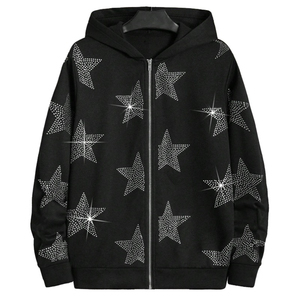 Fabricante de peso pesado 400gsm Fleece Diamond Stars Men Zip Hoodies Oversized Sparkle Rhinestones Stars Men's Zipper Hoodies - Product Image 1