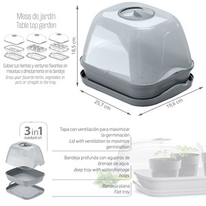 Invernadero de Mesa RESPANA, Bandeja/Cubeta Multiusos para Semillas con Tapa de Policarbonato, Dimensiones (mm) 257x196x185, Color Gris Piedra - Product Image 3