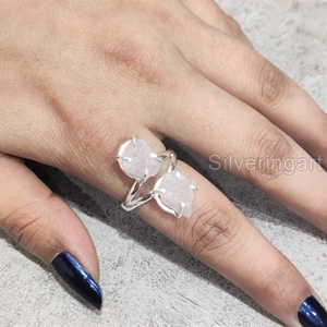 Joyería de piedra en bruto de exportación, anillo de mujer, piedra preciosa Natural cruda de cuarzo rosa, piedra natal de abril, piedra doble, anillo de Plata de Ley 925 - Product Image 2