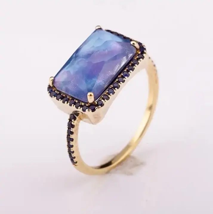 Perla Natural hoja de nácar con lapislázuli y zafiro 14K plata 925 anillo de piedras preciosas alta calidad precio de fábrica delicado RI