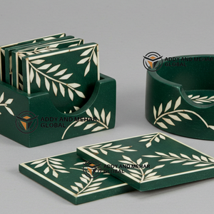 ชุดถาดรองแก้วฝังกระดูกสีเขียวเข้มและสีขาวทำด้วยมือพร้อมที่รองแก้วเครื่องดื่มลายดอกไม้ - Product Image 4