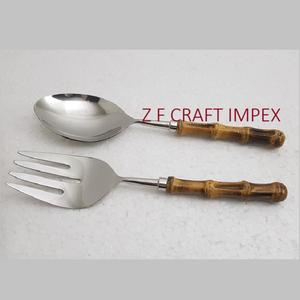 America Trending Wood Inlay Resin Handle Outils de service à salade en acier inoxydable Cuillère de service plaquée argent pour hôtels - Product Image 2