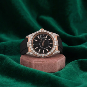 Montre de luxe VVS Moissanite Bezel Or rose Acier inoxydable Cadran noir Verre saphir Automatique Bracelet en caoutchouc Unisexe - Product Image 1