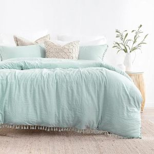 Juego de funda nórdica de algodón 100%, juego de cama con borlas blancas, funda nórdica con borlas bohemias, ropa de cama de granja, juego de cama con borlas para el hogar y el Hotel - Product Image 1