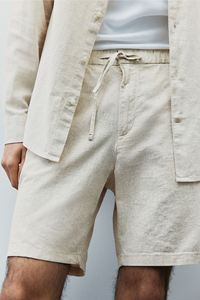 Coupe régulière Short en tissu texturé mélangé de coton et de lin de qualité supérieure pour homme avec cordon de serrage élastique à la taille poche latérale diagonale - Product Image 6