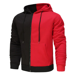 Sweat-shirt à capuche zippé pour homme, coupe classique, en coton tricoté, décontracté, automne, rouge et noir, avec blocs de couleur - Product Image 1