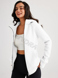 Jersey de mujer atlético de manga larga con cremallera recortada logotipo personalizado OEM entrenamiento de cordón con capucha deportes de invierno de algodón tejido ligero - Product Image 3