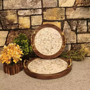 Plateau de service en bois fait main de luxe avec incrustation de nacre complexe détaillant élégant Ramadan Eid cadeau décoration de la maison - Product Image 1