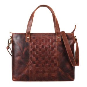 Bolso de Hombro Tipo Tote Trenzado de Cuero Marrón Tejido para Mujer, Estilo Vintage, con Patrón de Caramelo, Cierre de Cremallera y Correa Única - Product Image 1