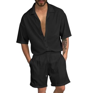 Fibre de polyester costumes d'été vêtements pour hommes décontracté revers couleur unie chemise aléatoire boutonné Cardigan à manches courtes ensembles de shorts - Product Image 4