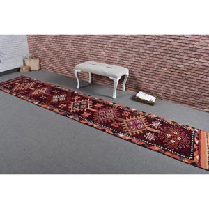 Vintage Turkish Rug, 2.4x13.2 ft Herki Rug, <b>Red</b> Patchwork <b>Wool</b> Rug - Product Image 2
