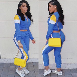 Nouvelle conception sur mesure, survêtement deux pièces pour femme, coupe ajustée, écologique, couleurs contrastées d'automne, fermeture éclair, manches longues, respirant - Product Image 3