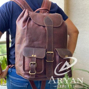 Real 100% Goat Leather Retro College <b>Bags</b> 16" Genuine Leather Men & <b>Women</b> Vintage Backpack Travel Rucksack Daily Use <b>Bags</b> - Product Image 1