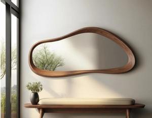 Miroir décoratif de style Art déco, rond, en bois de noyer véritable, fait à la main, écologique, de forme irrégulière, pleine longueur, au meilleur prix - Product Image 4