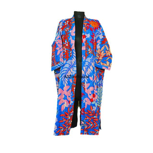 Kimono Largo Floral de Algodón 100% Hecho a Mano, Ecológico y Colorido para Mujer, con Cuello en V, Tela Kantha, Estilo Étnico Tradicional para Invierno y Verano - Product Image 1