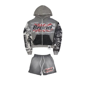 Custom Heavyweight 100% Algodón Hombres Sudadera con capucha Agujero desgastado con capucha Serigrafía Lavado con ácido Bordado Street Set 2025 - Product Image 4