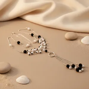 Collier pendentif tendance pour femme en perles argentées, plaqué or, style vintage, géométrique, en forme de chiffre, chaîne en corde religieuse bouddhiste - Product Image 1