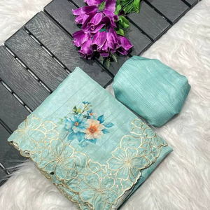 Dernier sari en soie pure tussar avec motif floral lourd coupe travail bordure brodée chemisier assorti imprimé numérique pour les fêtes - Product Image 1
