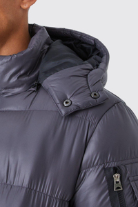 Chaqueta Acolchada con Capucha de Poliéster Brillante de Diseño Personalizado, en Gris, Cortavientos, Cálida, para Invierno, con Bolsillos - Product Image 5