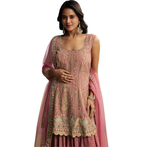 Vente de gros Ensemble palazzo floral rose avec Dupatta Vêtements ethniques pour femmes Fournisseur d'usine OEM Tenue de fête personnalisée Tenue de mariage - Product Image 3