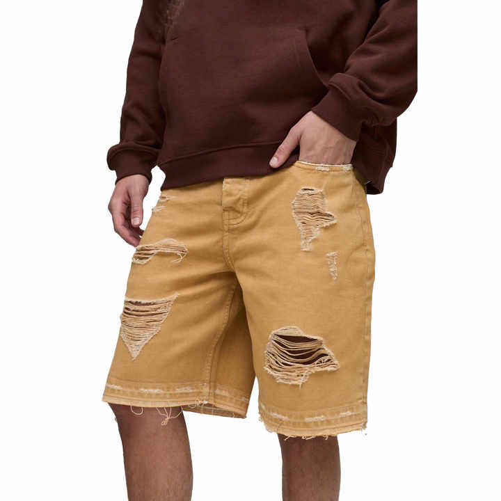 Men's Mustard Yellow Distressed Denim Jorts Heavy Ripped Frayed Shorts for Men Summer Streetwear Brands OEM Manufacturer