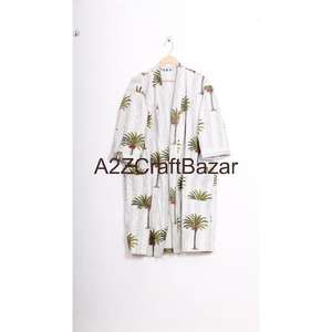 Robe longue à col en V, à cordon de serrage, à manches trois quarts, à taille haute, en coton 100%, tissée à la main, à fleurs, douce, respirante, séchage rapide, pour femmes - Product Image 1