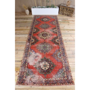 Alfombra Turca de 4.7x12.5 pies, Alfombra Roja con Diseño Geométrico de Lana - Product Image 1