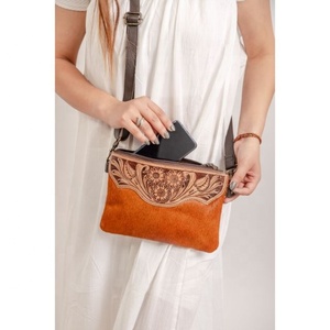Hot Sale Western Hair On Tooled Leather <b>Wristlet</b> Purse For Women's Genuine Leather Tassel Pouch Floral Tooled Tan Cowhide Clutch - Product Image 1