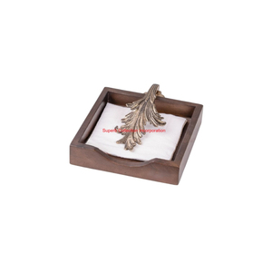 Porte-serviettes en bois massif de haute qualité avec finition dorée ornement de feuille de métal support de table et de mouchoirs décoratif pour l'approvisionnement en hôtel - Product Image 4