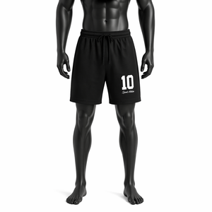 Shorts de sport décontractés pour hommes, noirs, personnalisables, OEM ODM, en polyester, avec impression de numéro, taille élastique, pour la gym et l'athlétisme - Product Image 1