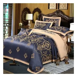 2024 New Arrivals Blue Gold Yarn Dyed Jacquard Euro Cotton Embroidered Satin Smooth Duvet Cover Flat/fitted Sheet Pillowcases