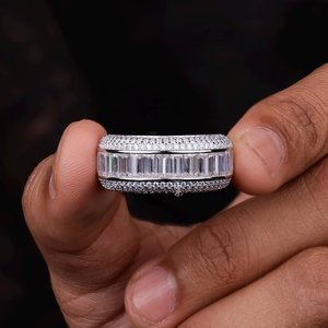 Luxury Moissanite Diamond Rhodium Plated 925 Sterling <b>Silver</b> Channel Setting Hip Hop <b>Statement</b> Unisex Wedding <b>Ring</b> - Product Image 1