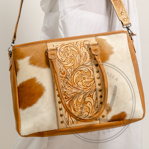 Bolso grande de cuero de vaca hecho a mano, bolso de hombro de cuero genuino con parche de herramientas y correas a juego, diseño portátil de pelo medio - Product Image 1