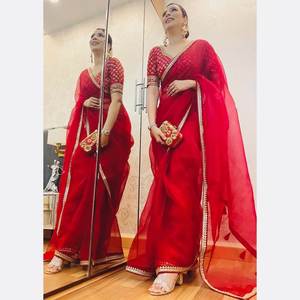 Nuevo Sari Reversible de Seda Organza Roja para Bodas y Fiestas Festivas - Product Image 2