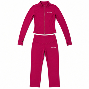 Custom Women's 2 Piece Yoga Set <b>Long</b> Sleeve Zip Jacket Thumbholes High Waist <b>Leggings</b> Seamless Gym Activewear - Product Image 3